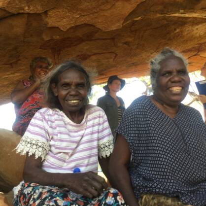 Sally Winbirr and Florrie Smiler at Nimji during the Wardaman Women’s Culture Camp. In background is Tilly Raymond, Anna Belford and Karri Butterworth.